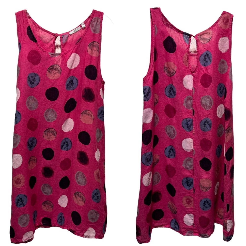 Made In Italy Polka Dot Print 100% Linen Lagenlook Shift Dress Size Small - Picture 3 of 14